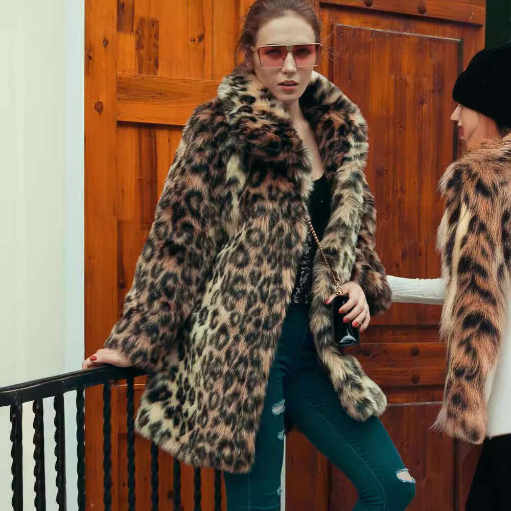 Turn-Down Collar Leopard Print Long Faux Fur Thickened Autumn Winter Mid-Length Coat