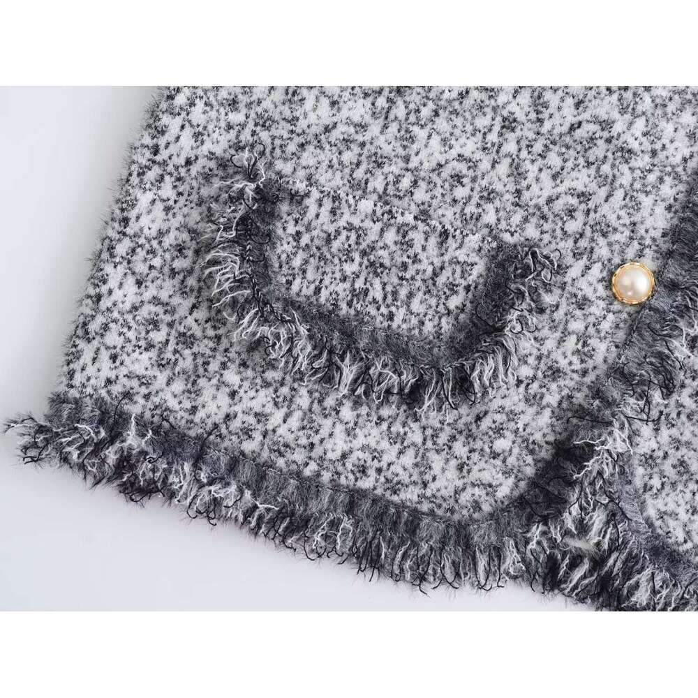 DHEssentials French Style High-End Diagonal Collar Anti-Mink Wool Gray Round Neck Knitted Cardigan