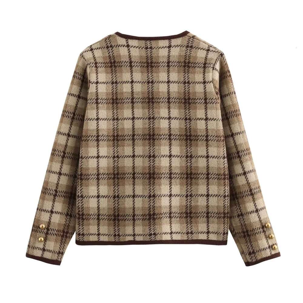 DHEssentials 2025 Autumn Winter New French Style Chanel-Inspired Gold Thread Blend Khaki Plaid Trim Round Neck Sweater Knitted Cardigan