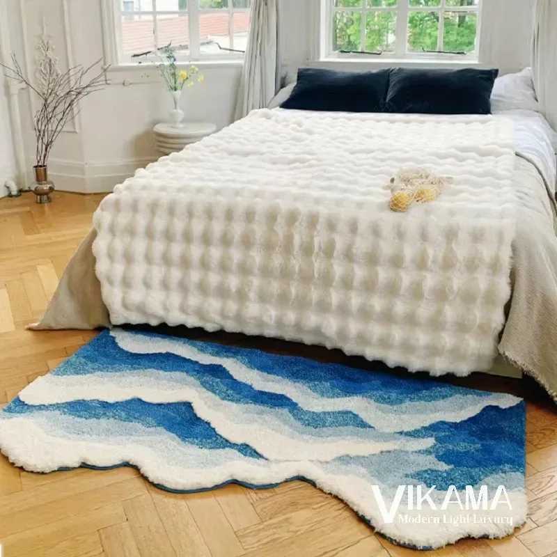 VIKAMA Aesthetic Light Luxury Carpet Wave Blue Ocean Home Decoration Childrens Room Bedside Comfortable Soft Plush Floor Mat C250912