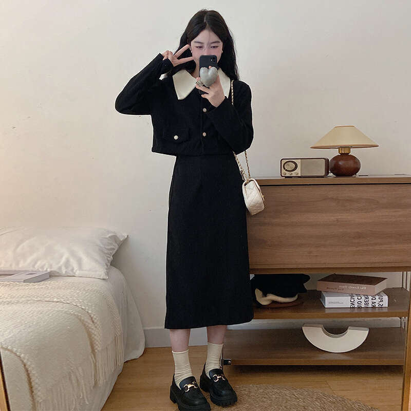 DHEssentials 2024 Autumn Winter New Corduroy Fleece-Lined Plus Size Chanel-Style Elegant Lapel Coat High-Waisted Skirt for Women