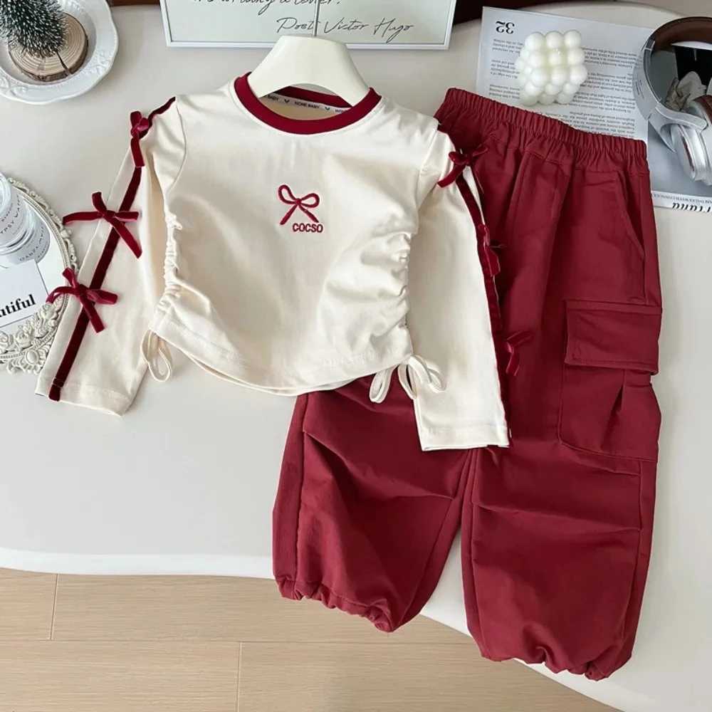 Autumn Fashion New Girls Clothes Red Bow Decoration Letter Embroidery Long Sleeved TopWork Pants 2Pcs Set Childrens Clothing C250912