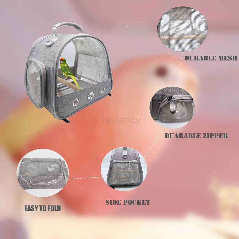 Bird Travel Carrier with Stand Perch and Stainless TrayPortable Small Bird Parrot Parakeet Cockatiel Carrier for HikingAirline Approved GreyW250912