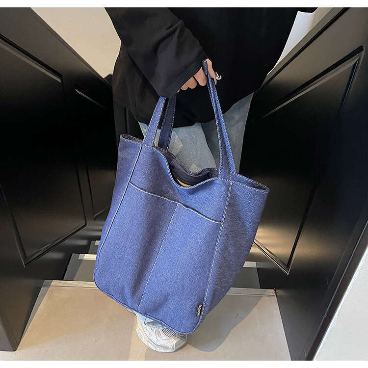 New Casual Solid Color Large Capacity Denim Tote Versatile Commuter Student Class Shoulder Bag Designer Bags for Women