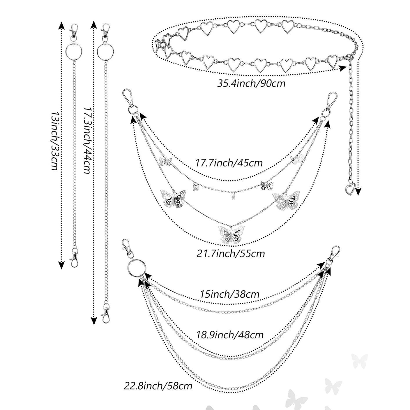 5 Pieces Chain Belts Jeans Pants Pocket Waist Multilayer Hip Hop Metal Wallet Chains for Men Women