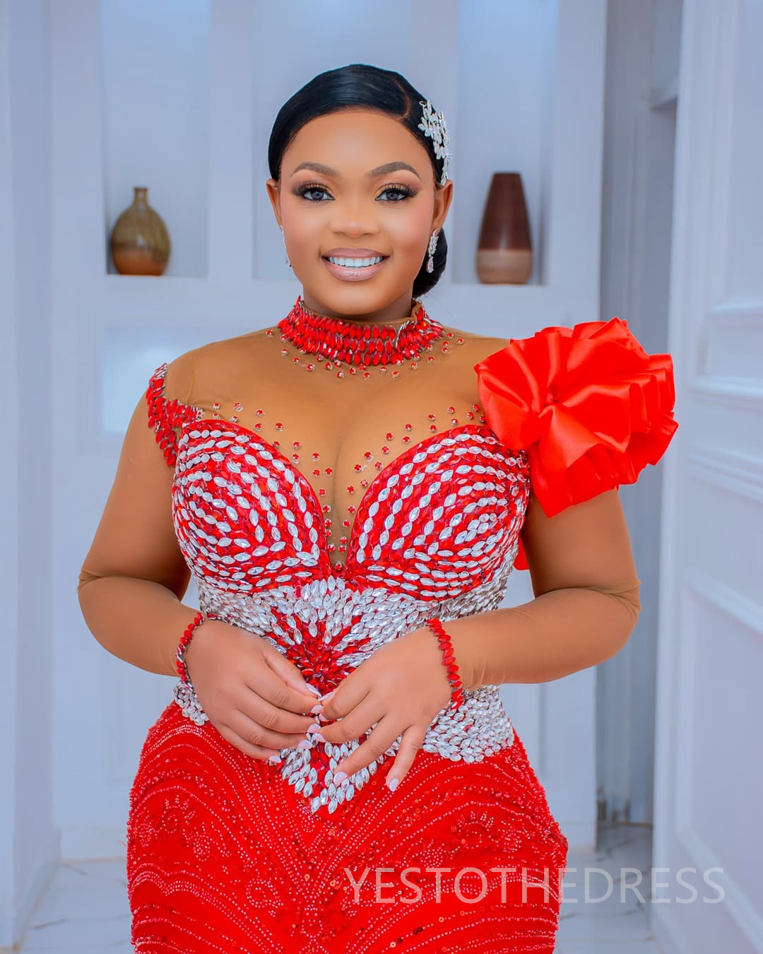 2025 Mermaid Plus Size Red Prom Dresses For Black Women Detachable Train Formal Gowns Beaded Lace High Neck Tiers Ruffles Birthday Second Reception Go