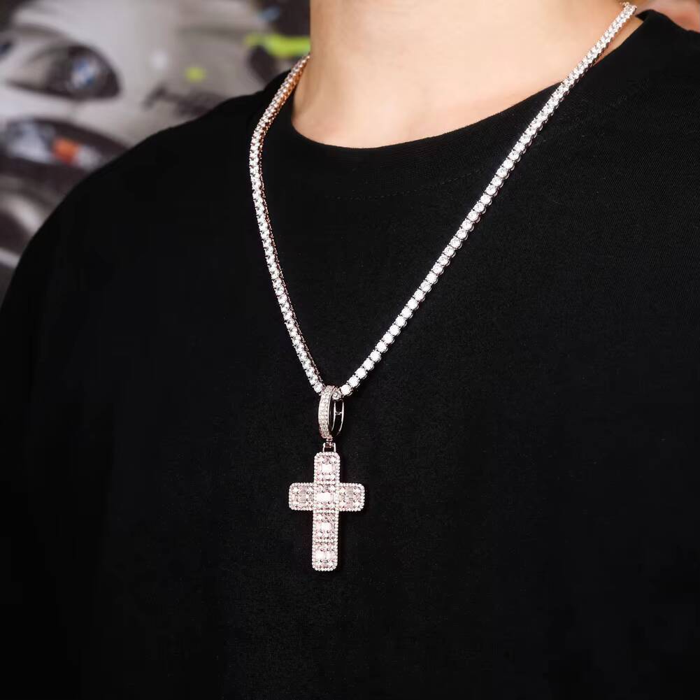 Baguette Cross Chain 14K Gold Plated Trendy Hip Hop Men Women Religious Jewelry Iced Out Moissanite Jesus Pendant Necklace