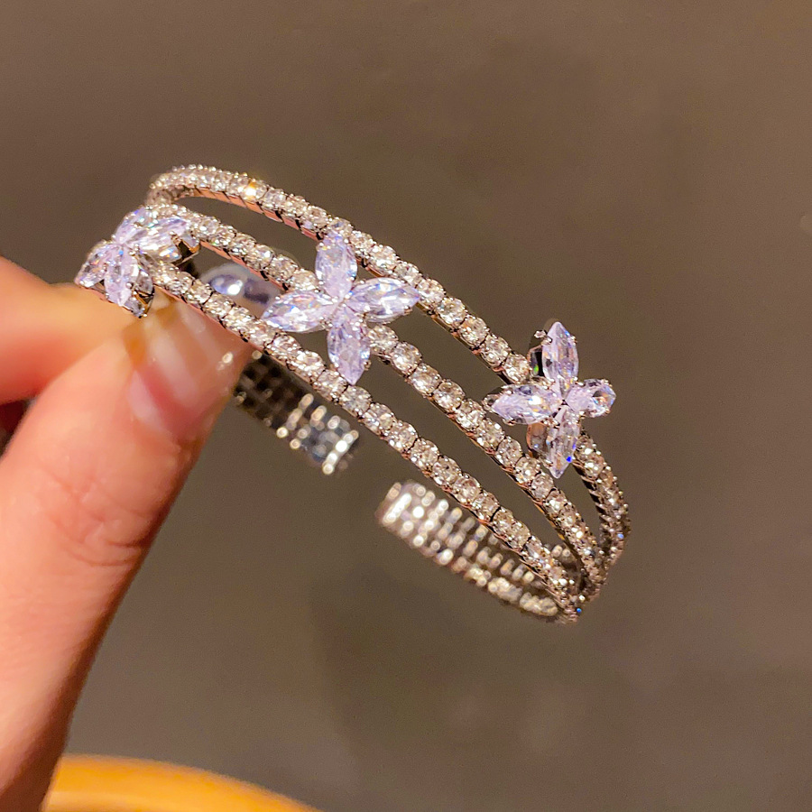 Silver - Toned Cuff Bracelet With Crystal Flower Accents And Rhinestone Layers Delicate Daily & Glamorous Jewelry Gift For Her Elegant And Sparkly Acc