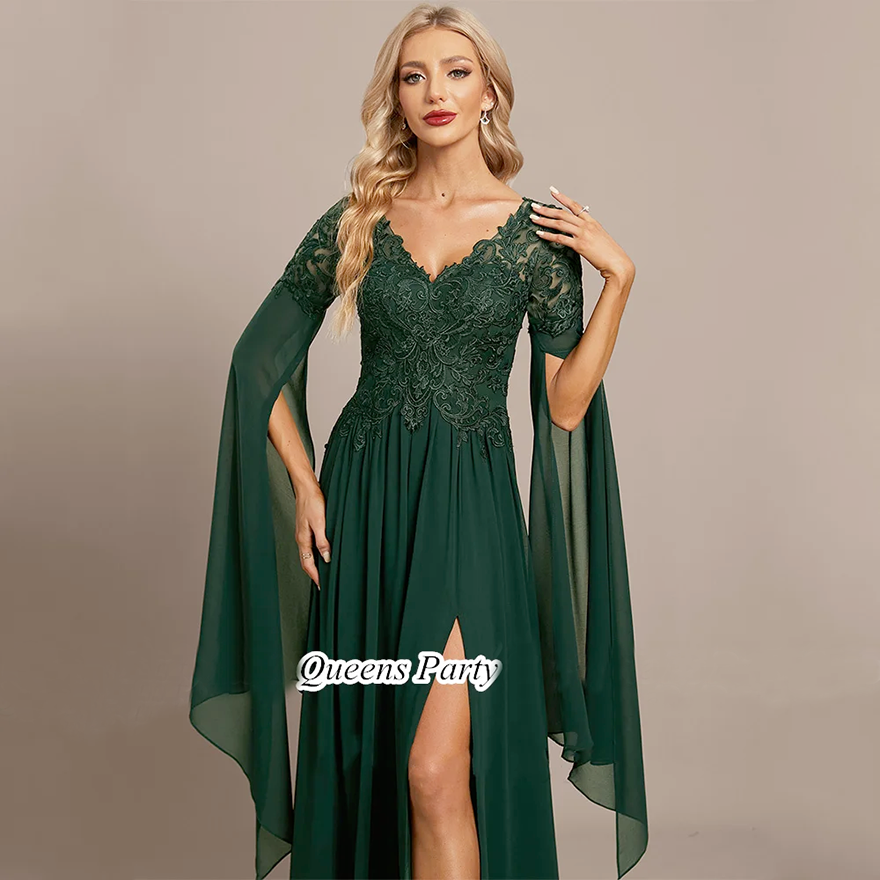 Chiffon Mother of The Bride Dress Long Sleeves V Neck Illusion Back Applique A Line High Split Wedding Party Dresses Guest Gown