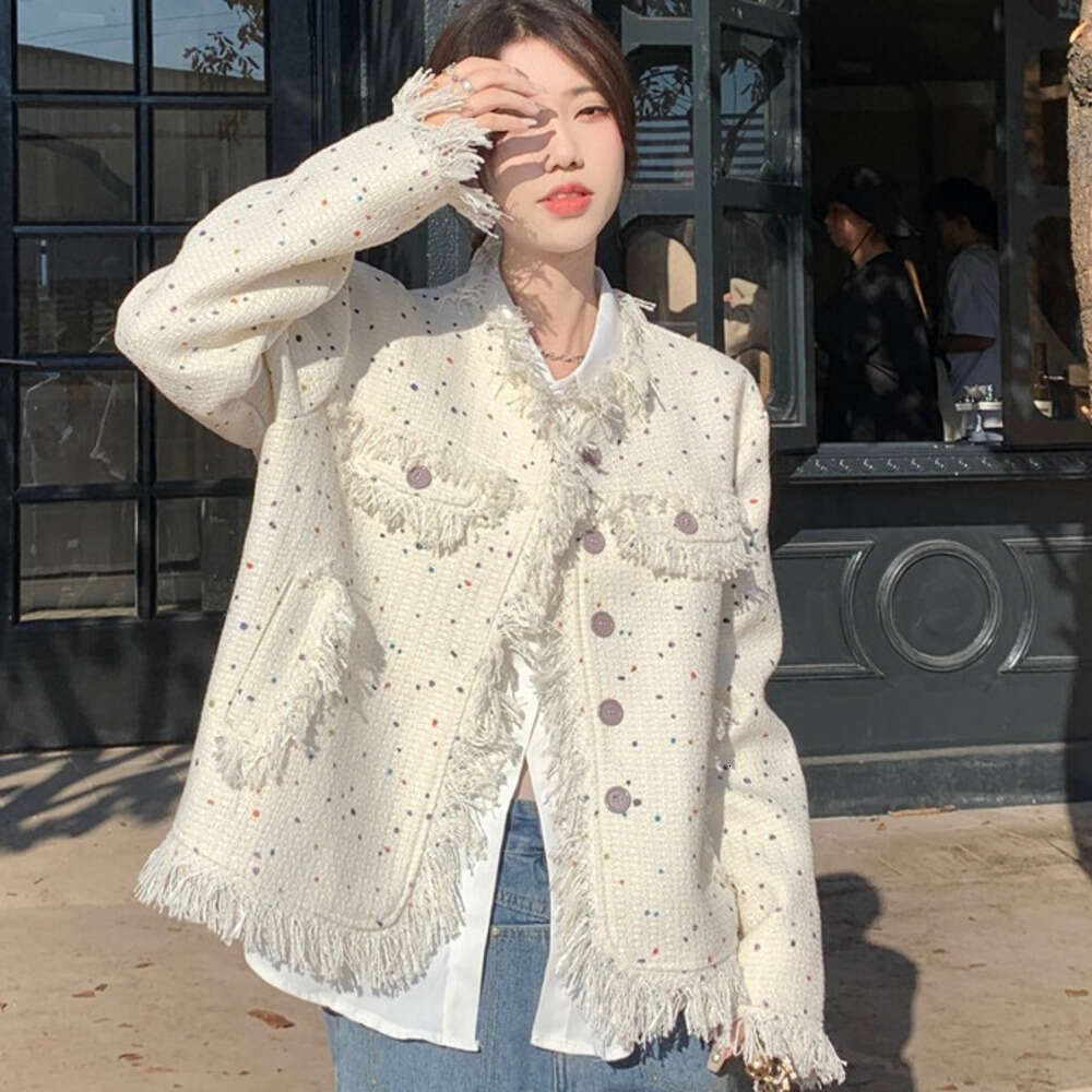 DHEssentials 2024 Season New Small Fragrance Style Women's Jacket Autumn Design Colorful Polka Dot Tassel Loose High-end Long Sleeve Top