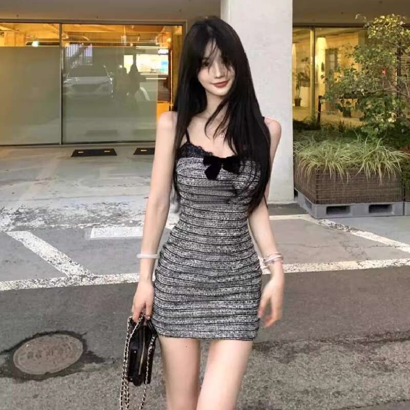 DHEssentials Early Summer French Style Pure Desire Little Fragrance Bow Waist Elegant Inner Wear Bodycon Short Strap Dress