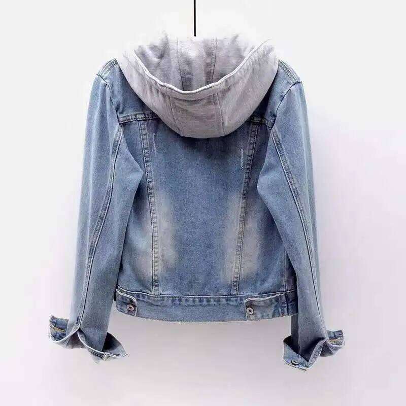 Spring Autumn Denim Jacket Women 2025 Single Breasted Patchwork Hooded Crop Coats Korean Fashion Casual Streeetwear Outerwear