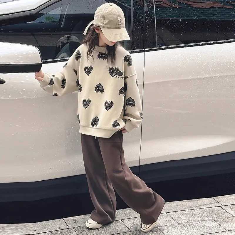 Print Sweatshirt Set Top Pants 2Piece Girl Outfit Elementary Student Clothes Children Fashion Girls Sets 7 8 Years Korean Two C250912