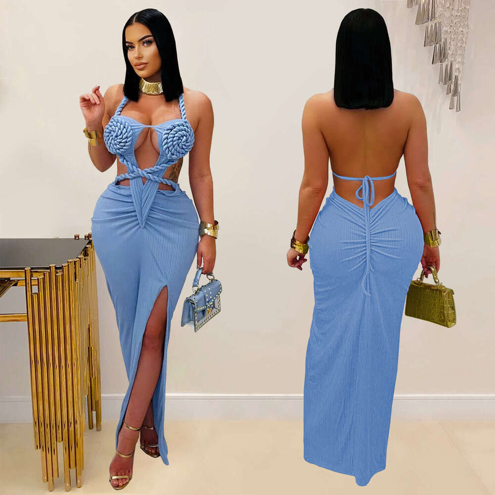 Cross-border European and American Fashion Design Women Sexy Knitted Halter Backless Solid Color Dress