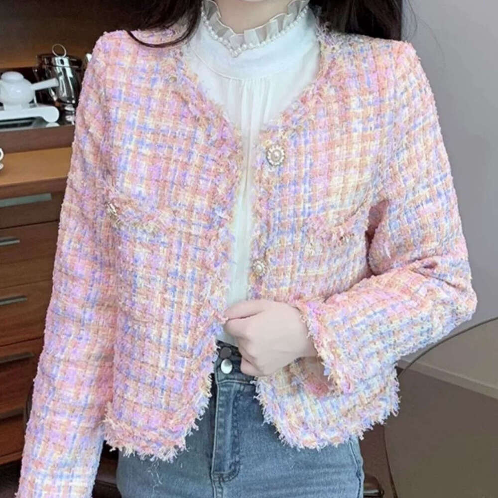 DHEssentials Spring Summer New Elegant Socialite Little Chanel Style Coat for Women Pink Tweed Frayed Edge High-end Small Short Top