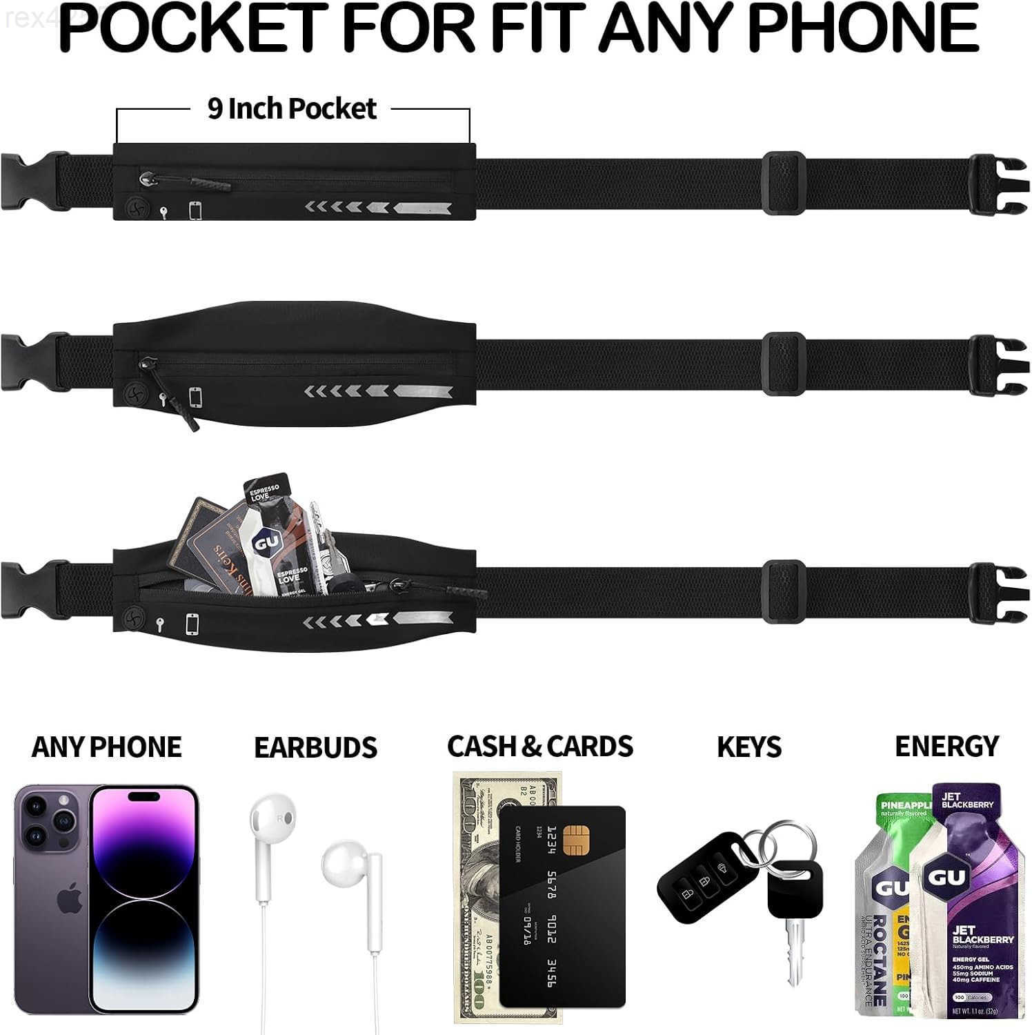 Slim Running Belt for Women MenRunners Phone Holder Fanny Pack Adjustable Bounce Free Waist Pouch bag for Workout Money Belt Run Gear Accessories Blac