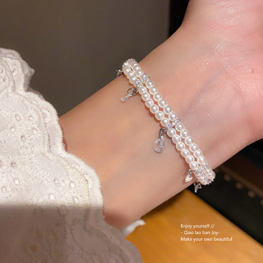 Silver - Toned Layered Pearl Bracelet With Teardrop Crystal Charms Delicate Daily & Elegant Jewelry Gift For Her Romantic And Timeless Accessory