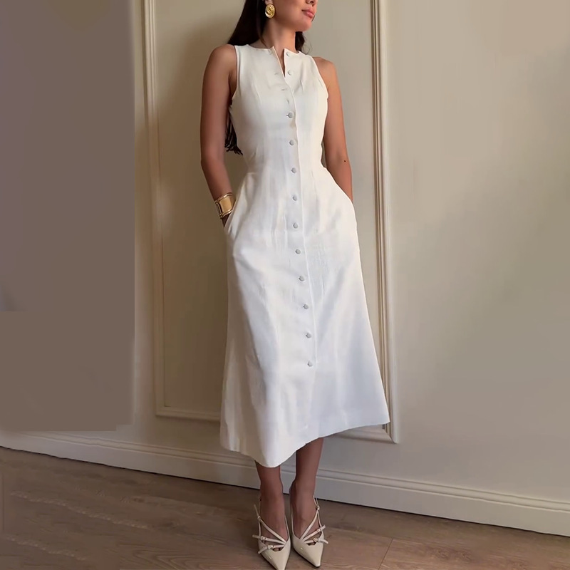 CL1653 New Slim Fit Women's Sleeveless Button Waisted Temperament Fashion Dress