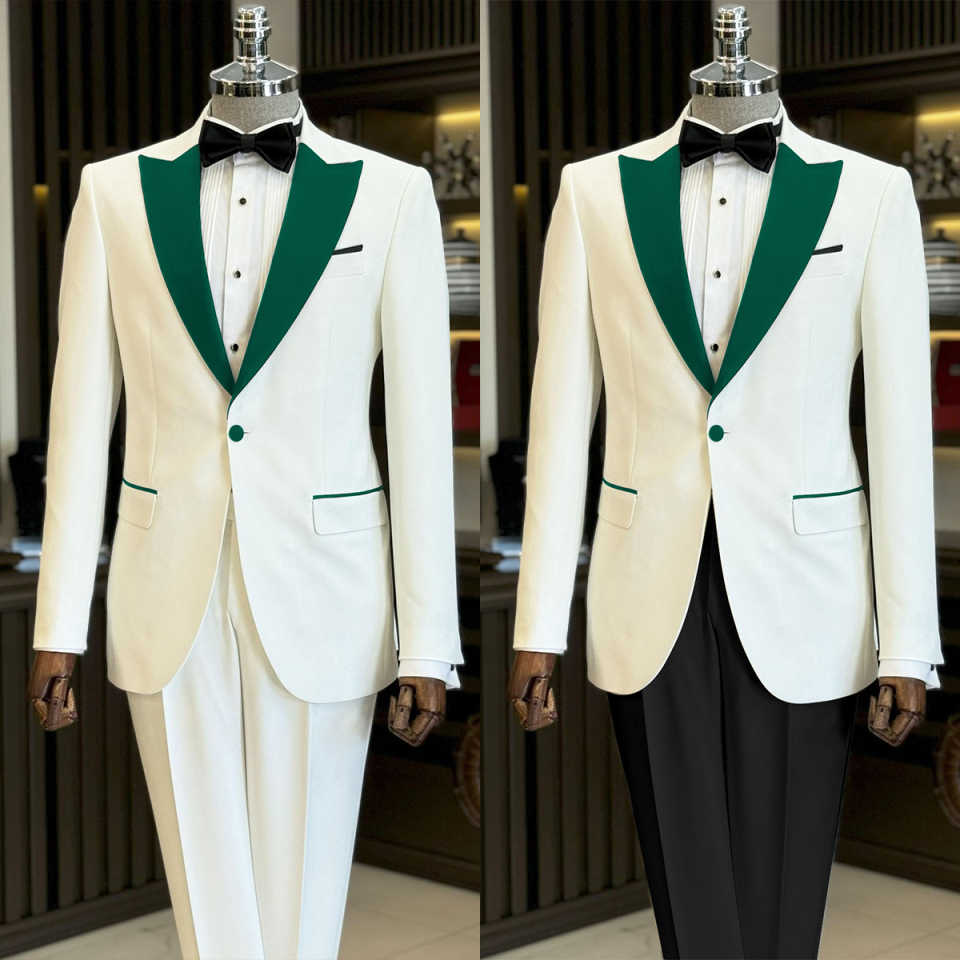 Elegant Wedding Tuxedos 2 Piece Set Jacket Pants Men Suit Green Peaked Lapel One Button Evening Prom Groom Blazers Customized