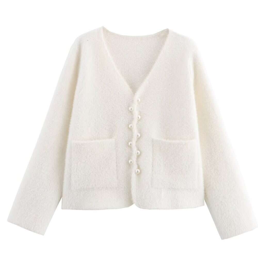 DHEssentials 2025 Autumn New French Style Small Chanel Multi-Button Pearl Button Imitation Mink Fur Long Sleeve Knitted Sweater Coat