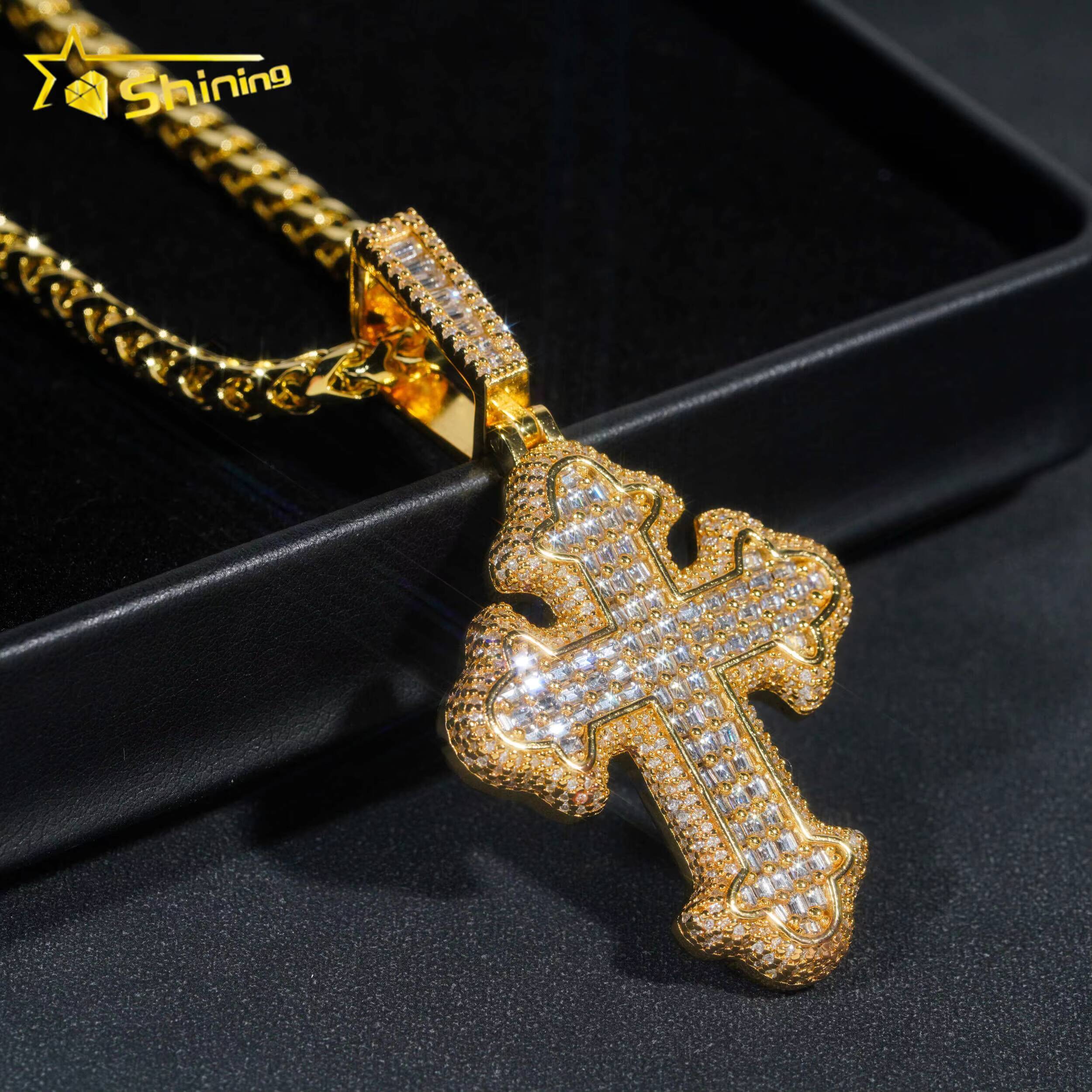 925 Silver Hip Hop Fully Iced Out Moissanite Cross Pendant Custom Gold Plated Baguette Moissanite Diamond Pendant Men Gifts