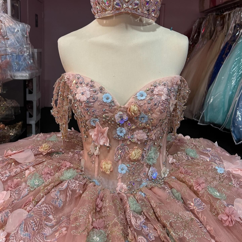 Pink Ball Gown Quinceanera Dresses Off The Shoulder Applique Flower Beads Tull Party Birthday Sweet 16 Dress Vestidos 15 De Anos
