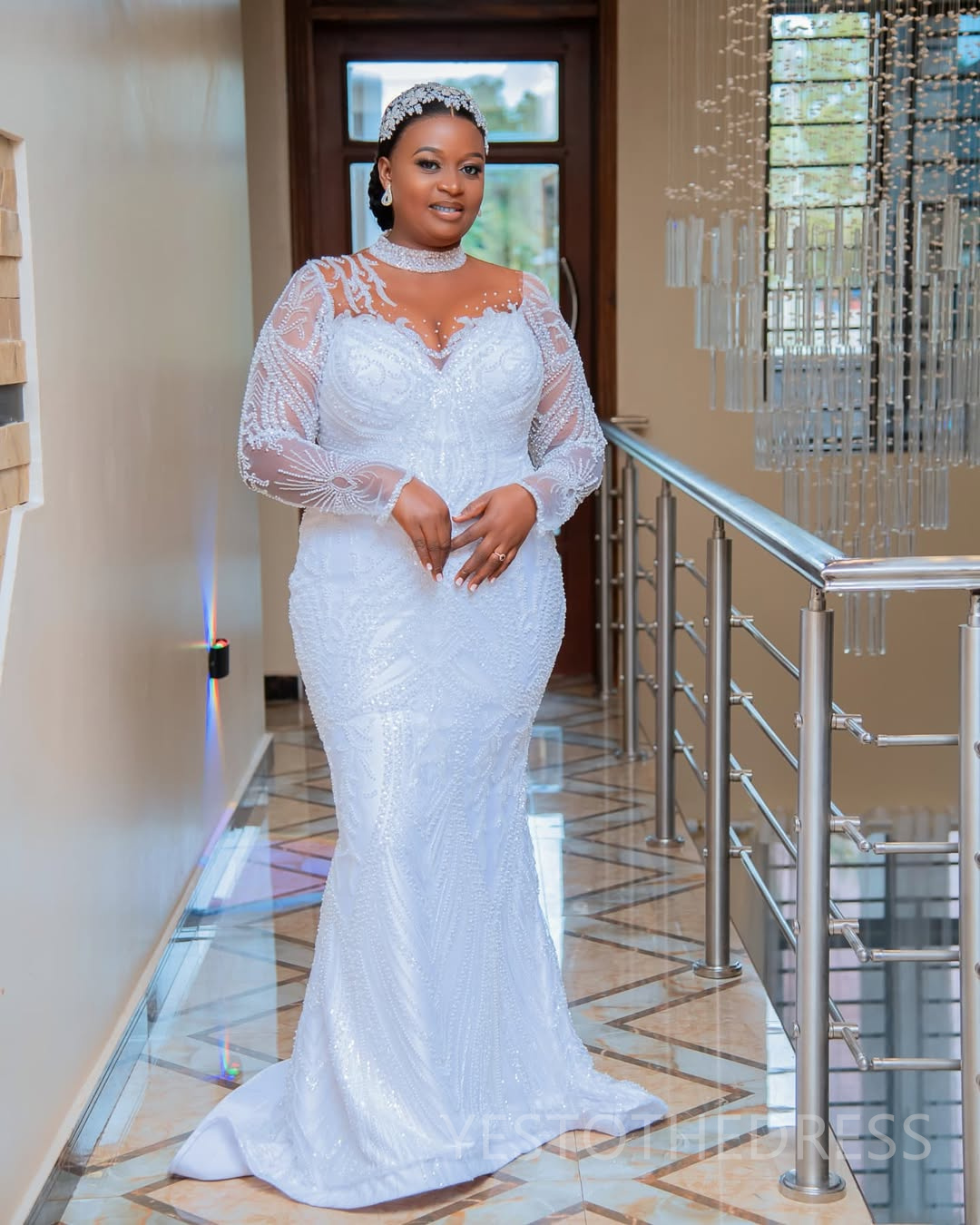 2025 Aso Ebi African Wedding Dress Bridal Gowns For Bride Mermaid High Neck Pearls Illusion Beaded Lace Tires Appliqued Lace Wedding Gowns For Black W