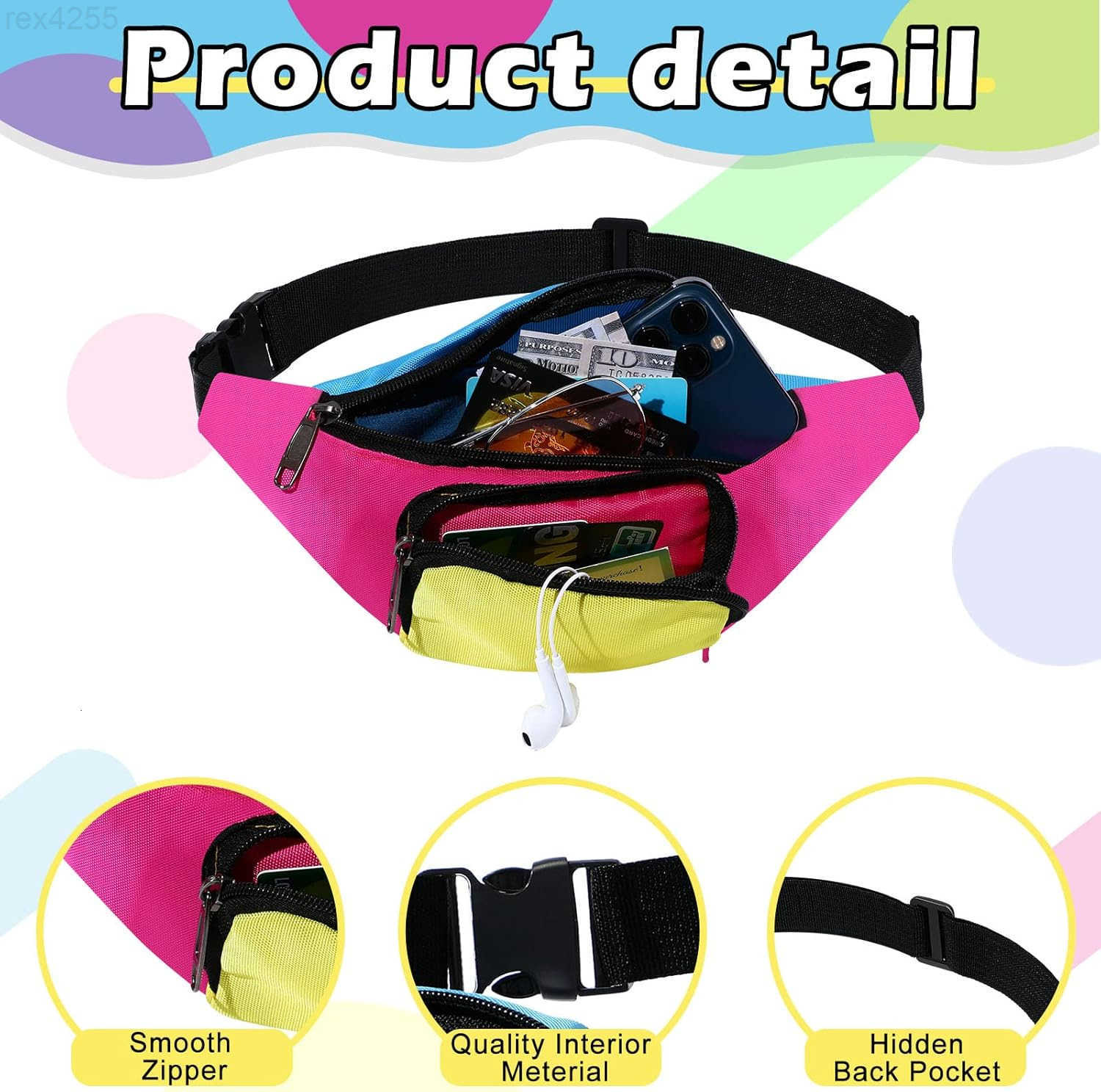 4 Pcs Retro 80s 90s Fanny Pack Retro Belt Bag 2 Pockets Neon Fanny Small Waist Packs for Jogging Traveling Party Costumes Holiday Festival 80s Theme H