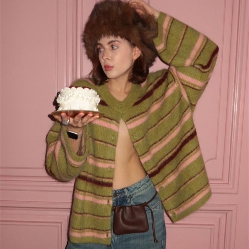 Elegant Stripe Vneck Women Sweater Single Breasted Loose Knitted Lady Cardigans 2025 Autumn Casual Full Sleeve Female Coat Tops 250911