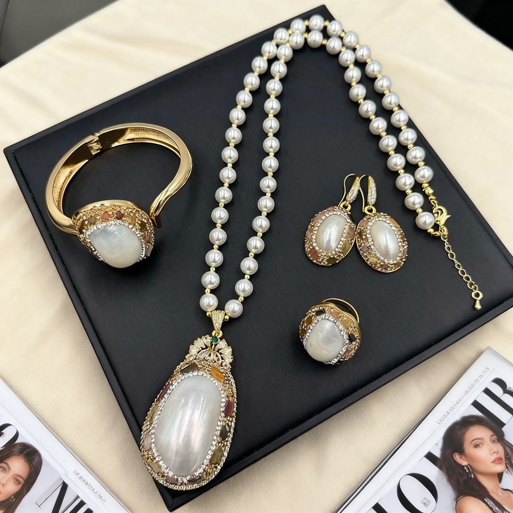 Natural Large Mabe Shell Pearl Freshwater Pearl Crystal Jewelry Set for Women Necklace Ring Bracelet Around Quartz Body-Purifying wholesales drop ship