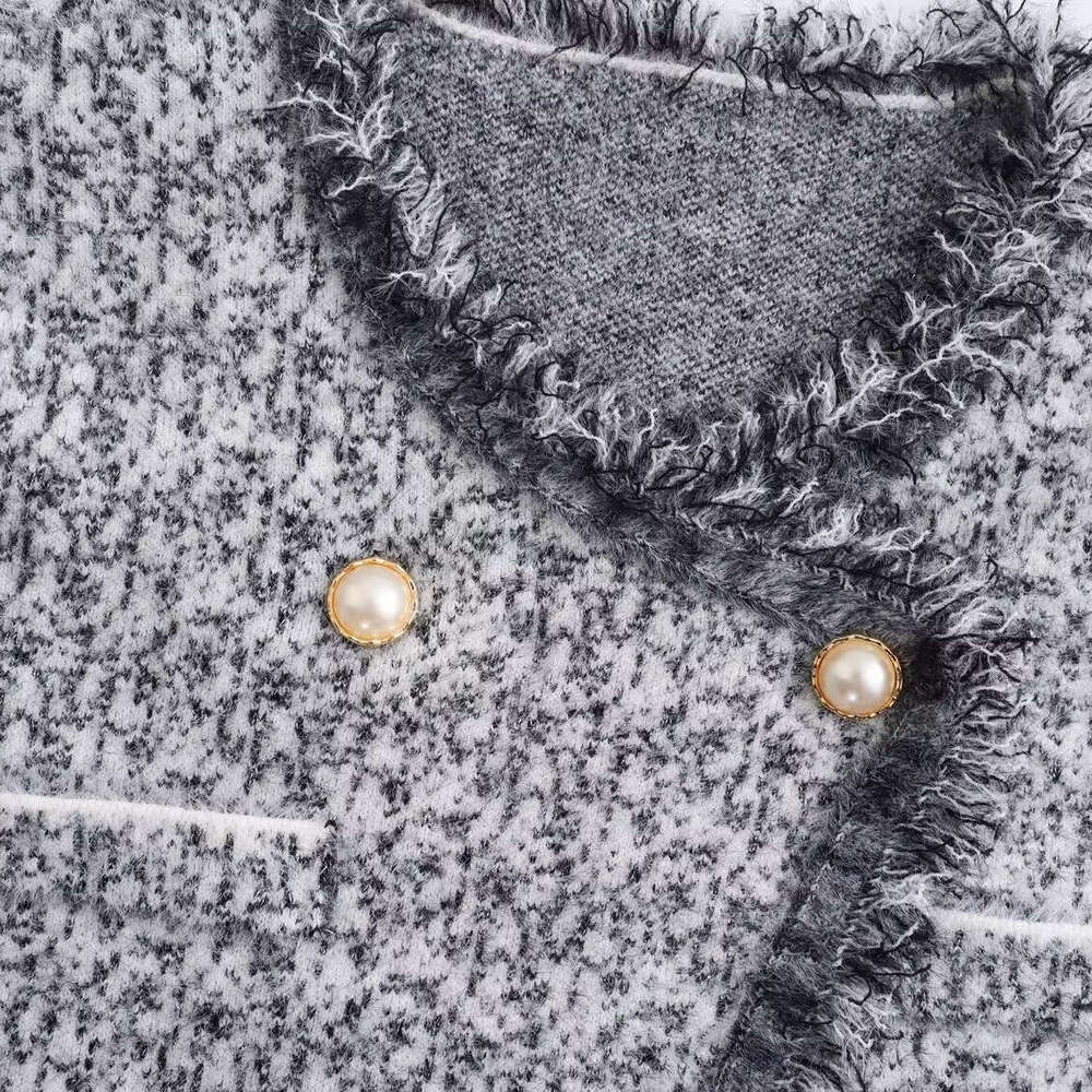 DHEssentials French Style High-End Diagonal Collar Anti-Mink Wool Gray Round Neck Knitted Cardigan