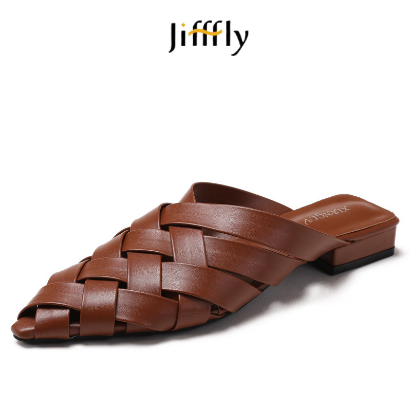 Jifffly Designer Hollowed-out Woven Pointed Tips Slippers Platform Outdoor Beach Sandals For Women Silver Buckle Slipper Fashion Casual Home Flat Sand