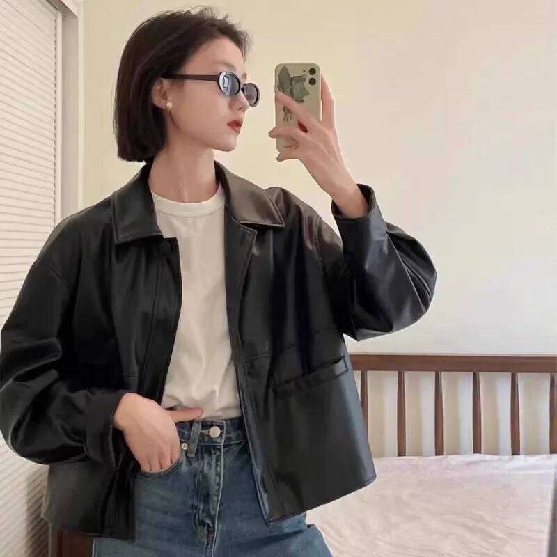 New Spring And Autumn Thin Japanese Style Vintage Lapel Single-Breasted Leather For Women Trendy Long Sleeve Jacket