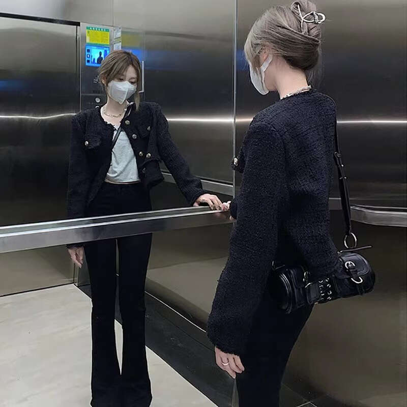 DHEssentials Black Chanel-Style Jacket for Women 2025 Spring and Autumn New French Style High-End Socialite Petite Slim-Fit Short Coat