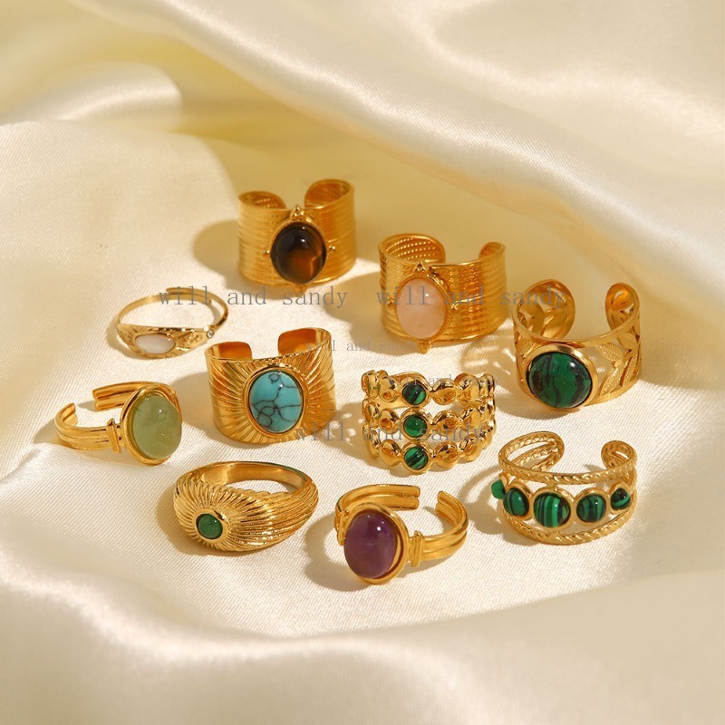 Non Tarnish 18k Gold Plated Natural Gemstone Ring Band for Women Open Adjustable Finger Tail Chunky Stacking Rings Wedding Promise Ring Wife Birthday 