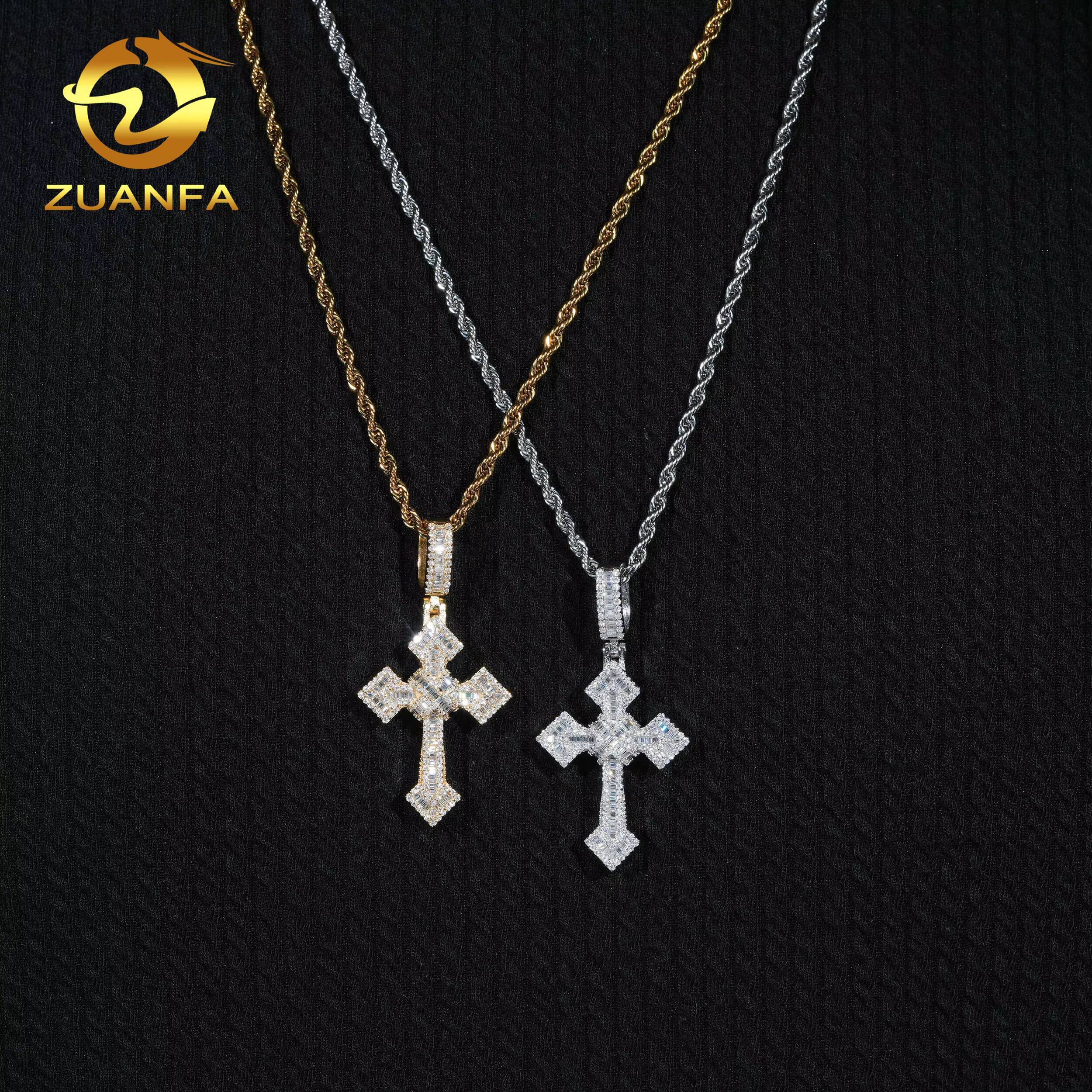 Luxury Cross Charms Necklace 925 Sterling Silver VVS Moissanite Diamond Gold Plated Cross Pendant Iced Out Fine Jewelry