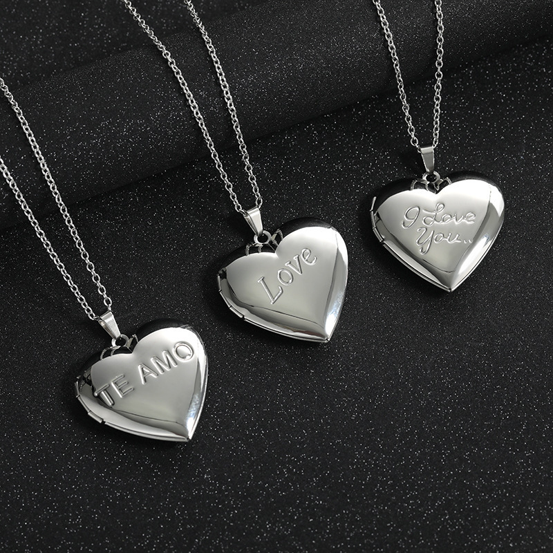 Mirror Stainless Steel Pendant Letter Commemorative Openable Heart Pattern Box Necklace