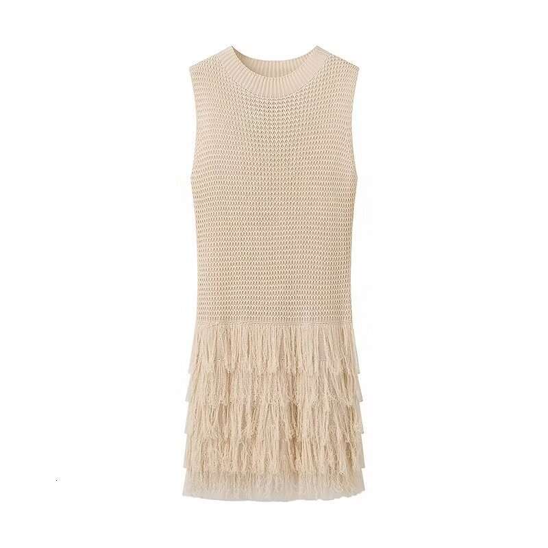 DHEssentials Autumn New Women's Fashion Small Fragrance Style Knitted Vest with Tassel Decoration Sleeveless Round Neck Hollow Short Dress
