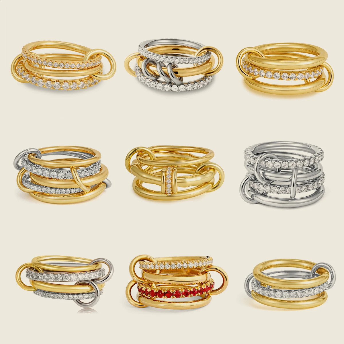 y Cubic Zirconia Gold Plating Multilayer Connecting Rings for Women Fashion Mixed Color Stackable Finger Ring Party Jewelry 250912