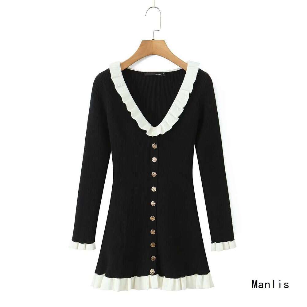 DHEssentials INS2025 New Fashionable Elegant Women's French Hepburn Ruffle Collar Little Chanel Style Dress