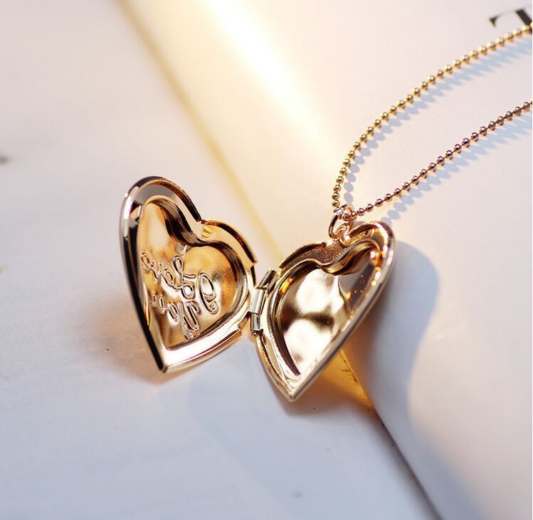 Eco-friendly Copper Photo Box with White Gold Plated Chain, English Letter Heart Pendant I LOVE YOU, Can Hold Photos