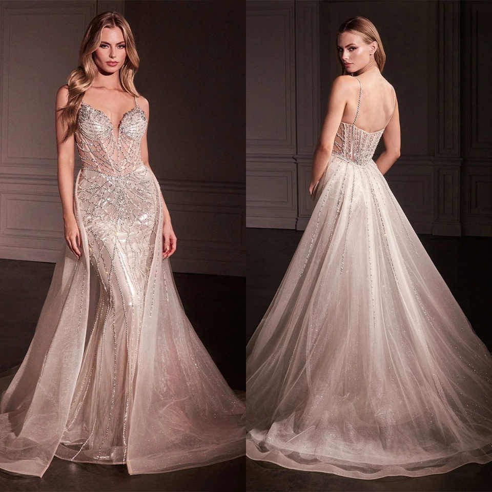 Exquisite Mermaid Wedding Dresses Spaghetti Strap Beaded Crystal Bride Dress Sleeveless Floor Length Bridal Dress Customized