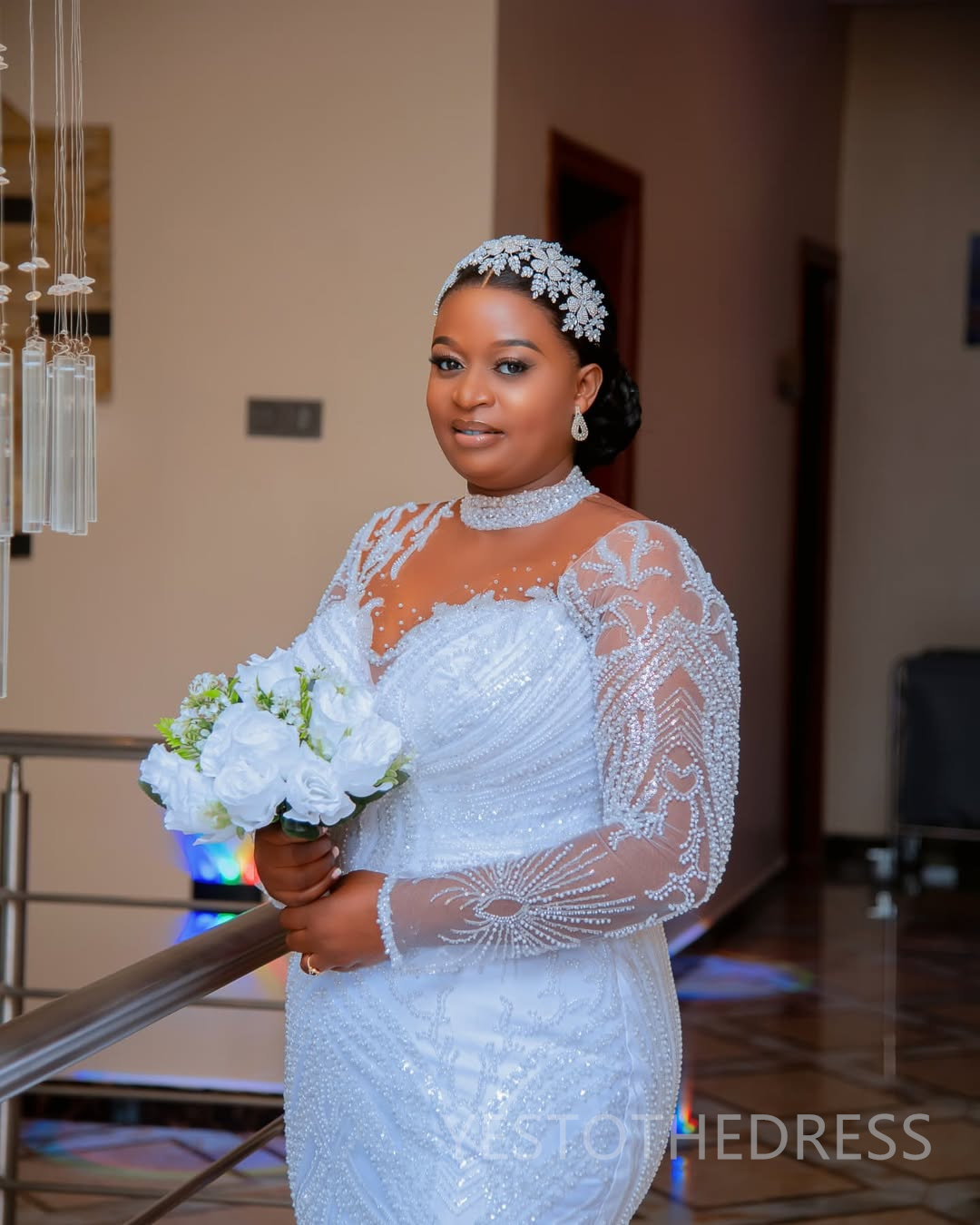 2025 Aso Ebi African Wedding Dress Bridal Gowns For Bride Mermaid High Neck Pearls Illusion Beaded Lace Tires Appliqued Lace Wedding Gowns For Black W