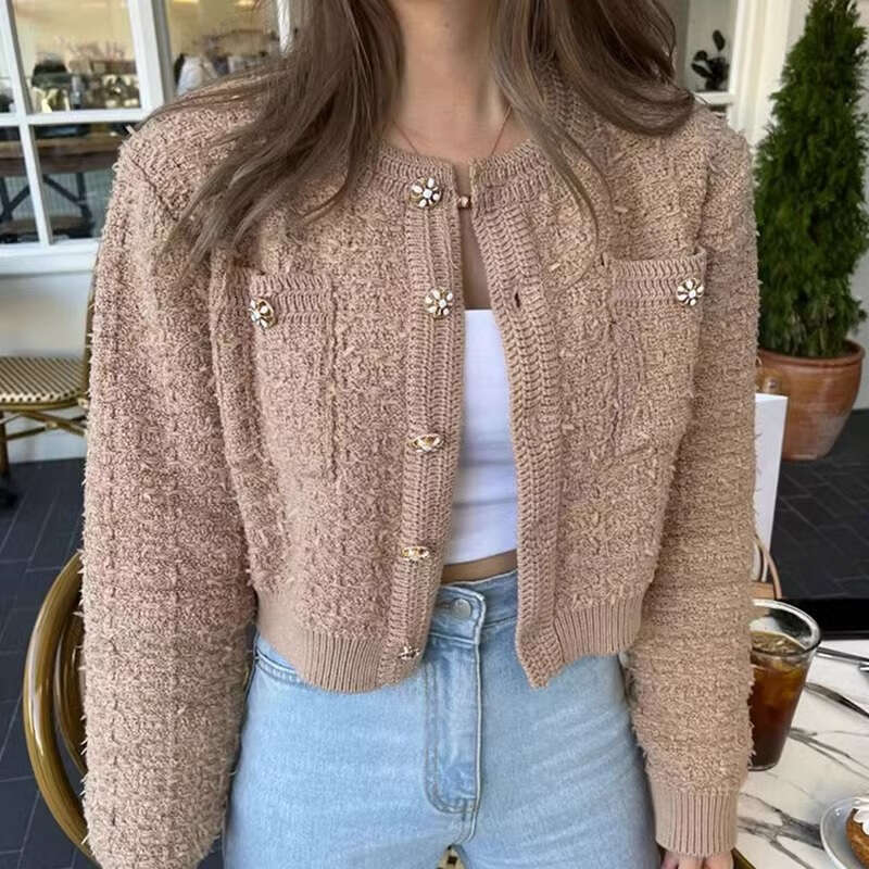DHEssentials 2025 Autumn Winter French Style Small Fragrance Button Round Neck Short Knitted Sweater Top Fashionable Casual Versatile Stylish Cardigan