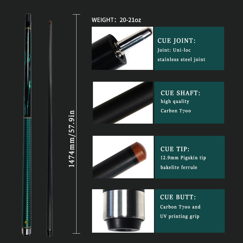 OKHEALING 1/2 Split Pool Cue Billiard Stick Carbon Fiber Billiard Cue 12.9mm Bakelite Tip Uni-loc / 3 Teeth Joint Length 1474mm/58inch Weight 20oz, Gr