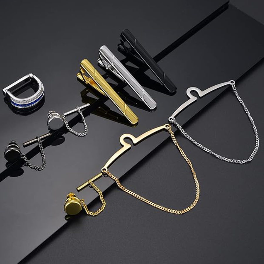 9Pcs Tie Clips for Men Square CZ Tie Tacks Clutch with Chain Necktie Silver Black Gold Tie Clips Link Chain for Wedding Meeting Business Anniversary T