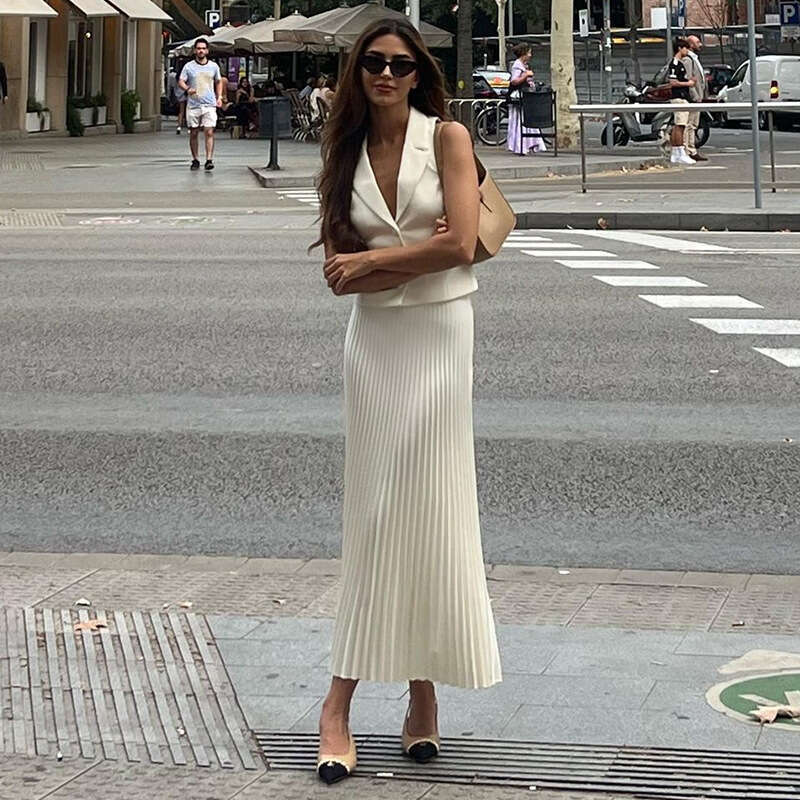 European and American Cross-Border Design Women's Fashion Summer New Suit Collar Blazer Vest Top Mid-Length Pleated Skirt Set