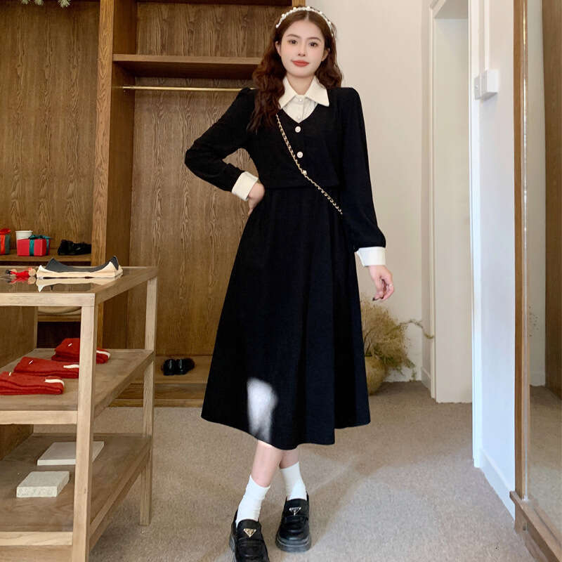 DHEssentials Buttons Can Be Opened Autumn Long Sleeve Chanel Lapel Fashionable Elegant Slimming Hepburn Style Dress