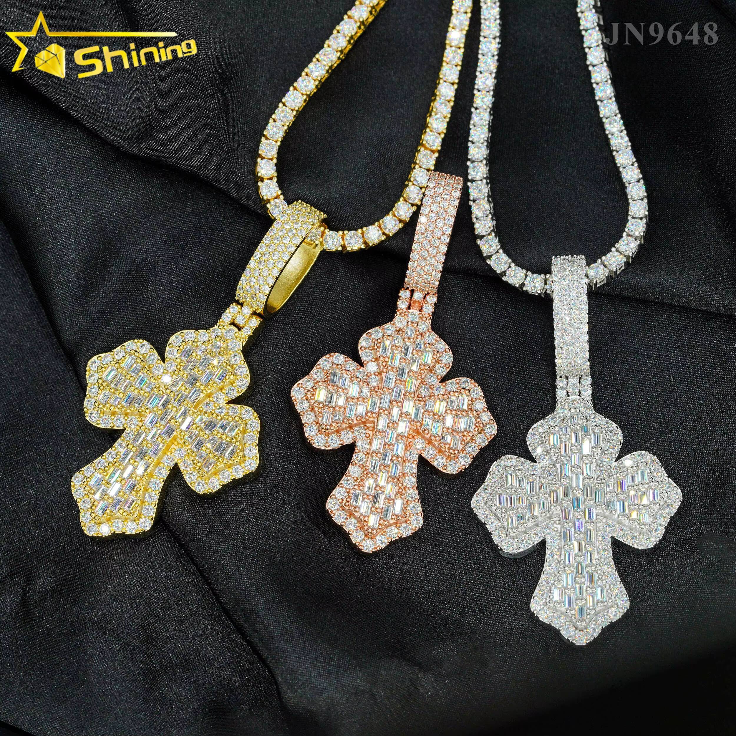 925 Silver Hip Hop Fully Iced Out Moissanite Cross Pendant Custom Gold Plated Baguette Moissanite Diamond Pendant Men Gifts