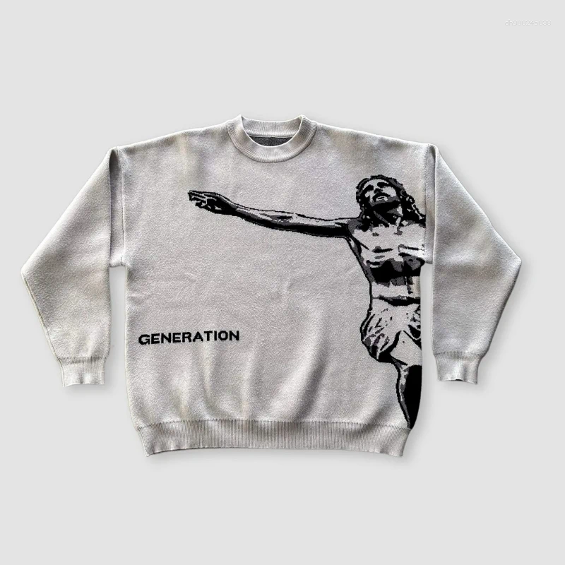 Men's Sweaters Y2K Harajuku Retro Saviour Knit Sweater American Trendy Avatar Letter Daily Pullover Autumn Winter Warm Boxy Clothes